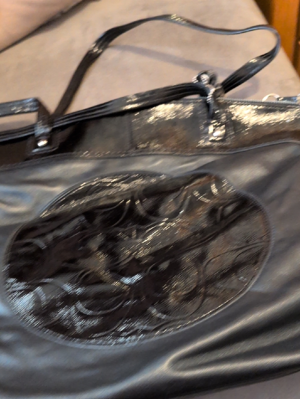 Black Shoulder Bag with Quilted Shiny Patch